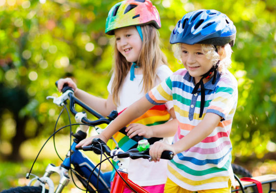 Kids riding bikes to school.