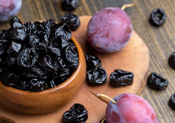 Purple plums can be dried into prunes.