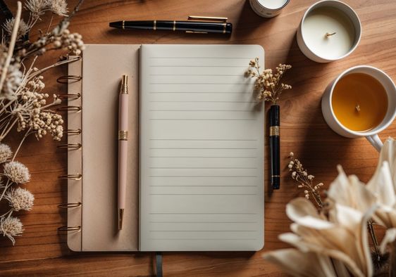 A desk with a book for writing.