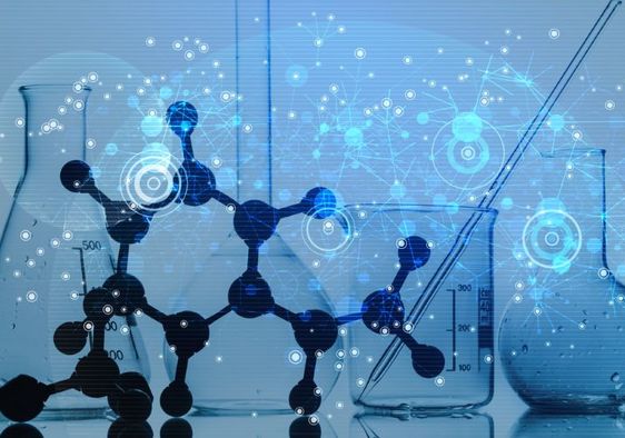 Empty laboratory glassware and chemical molecules on a lab desk.