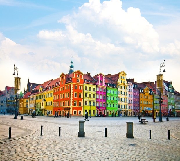 The colorful city center of Wroclaw, Poland.