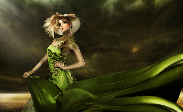 Fashion model wearing green
