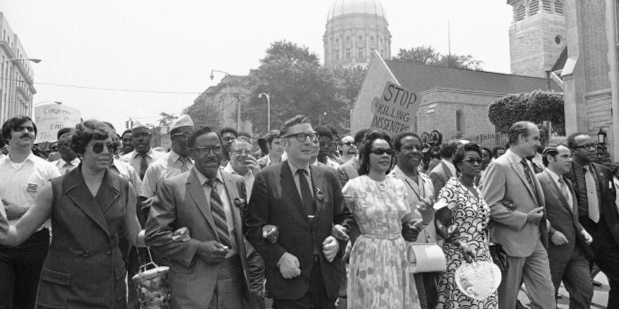Blacks and whites marching together in Rhode Island during civil rights movement