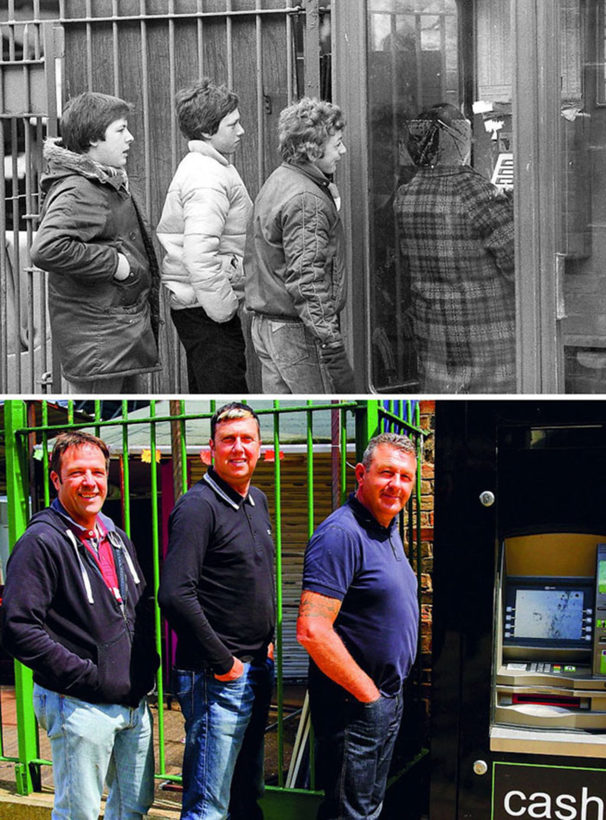 School friends John Morris, Paul Barnard and Andrew Pollard (l to r) were photgraphed queuing up to use the phone in Cattle Market Road. Until the second picture was taken, they hadn't seen each other for 32 years. (Chris Porsz)