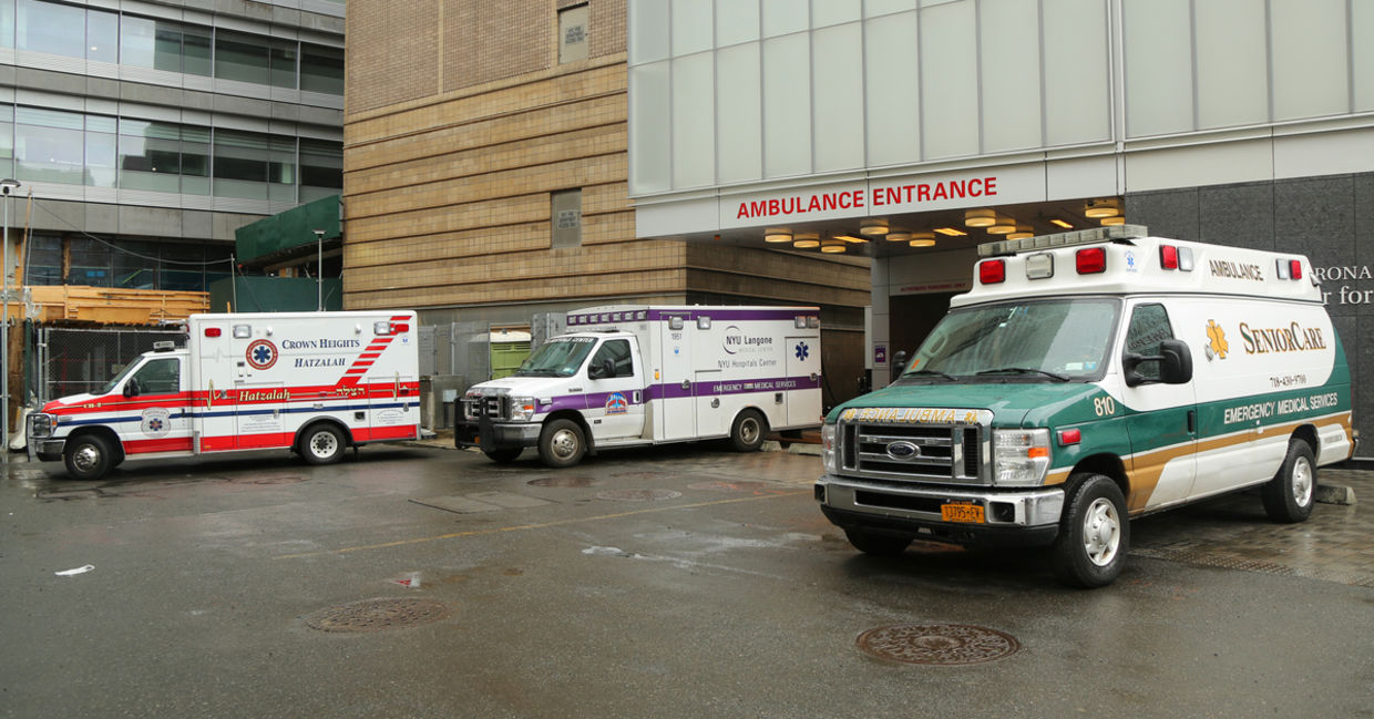 Ambulances parked at NYU Langone Medical Center in Manhattan