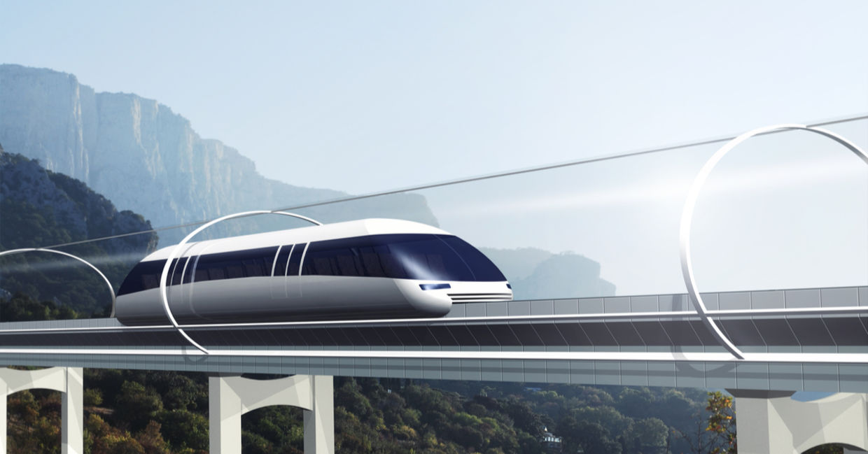 Concept of magnetic levitation train moving on the skyway in a vacuum tunnel across landscape with mountains