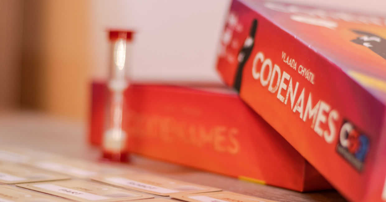 Game of Codenames set up to play.