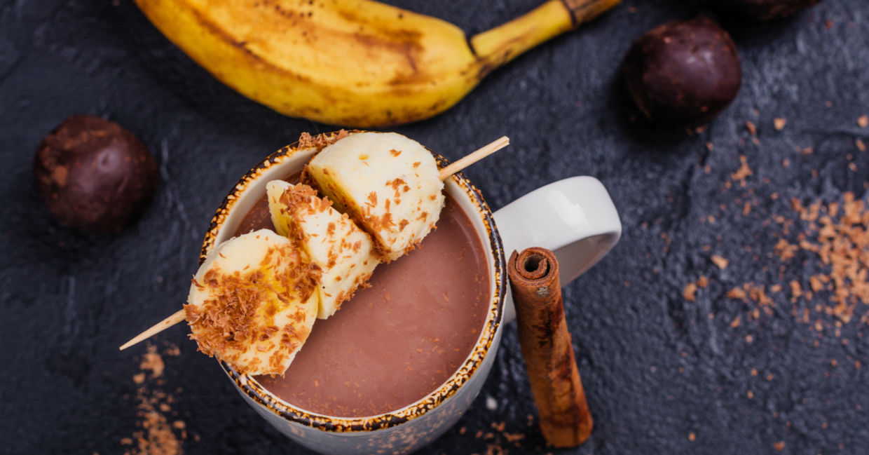 This comforting mug of hot cocoa is made with bananas and topped with marshmallows!