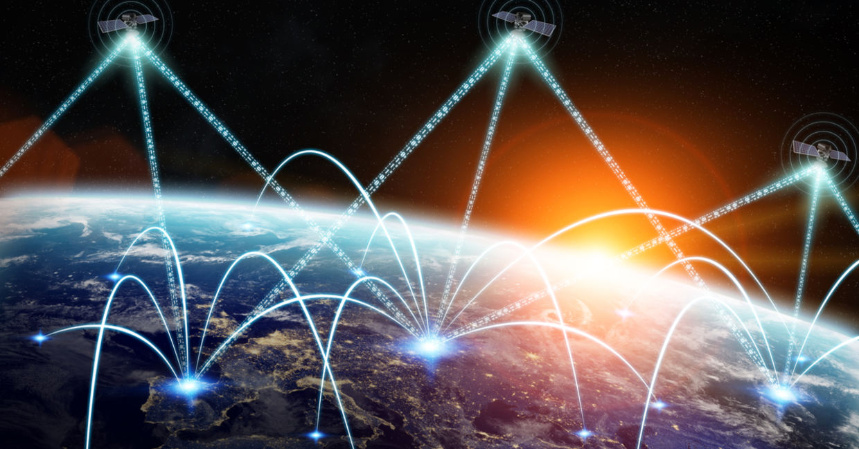 Satellites connecting to Earth from space.