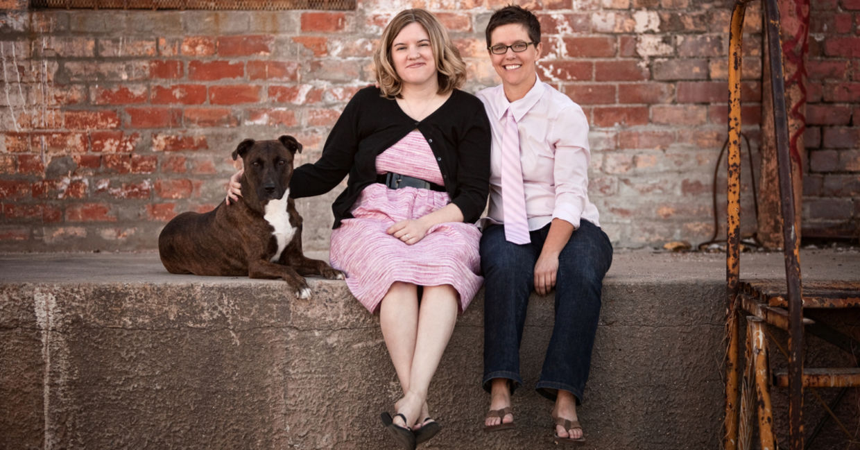 Lesbian couple with dog