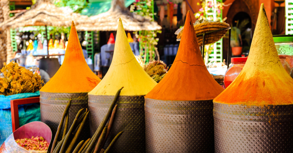 Moroccan spice stall in marrakech market, morocco