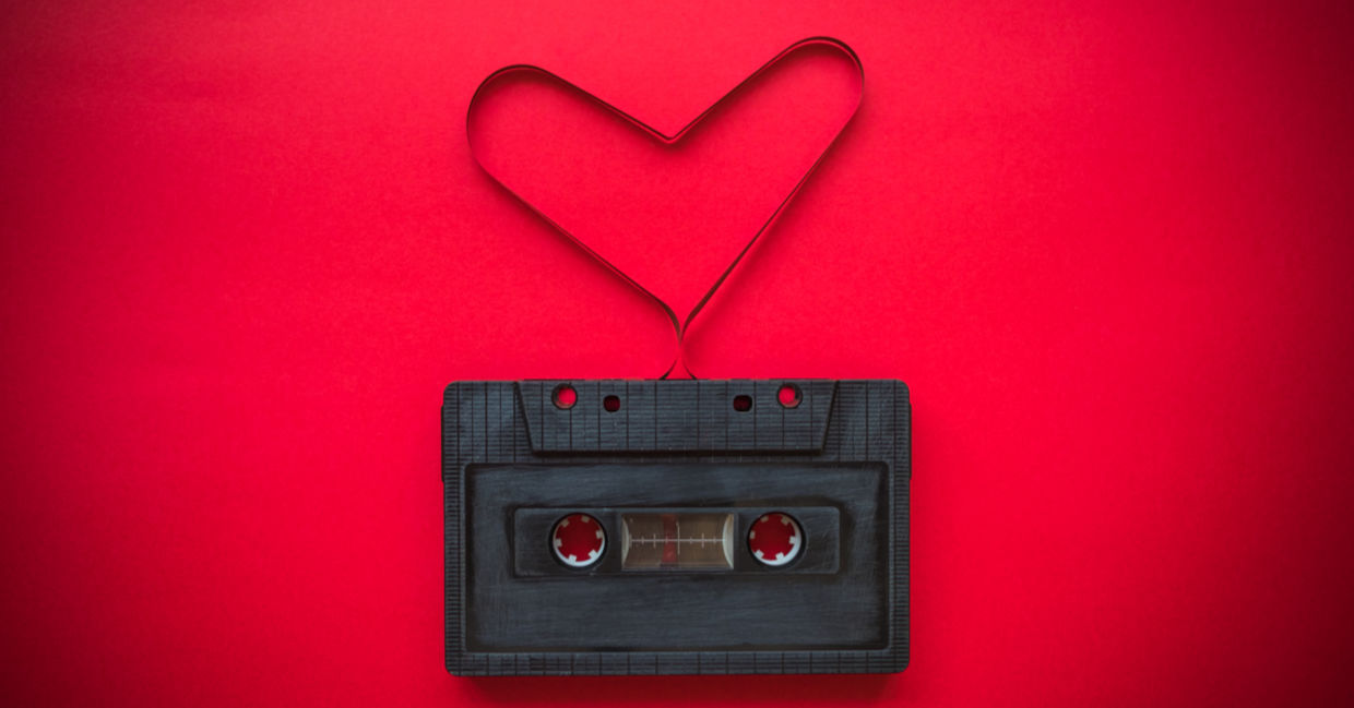 Cassette tape formed into a heart shape
