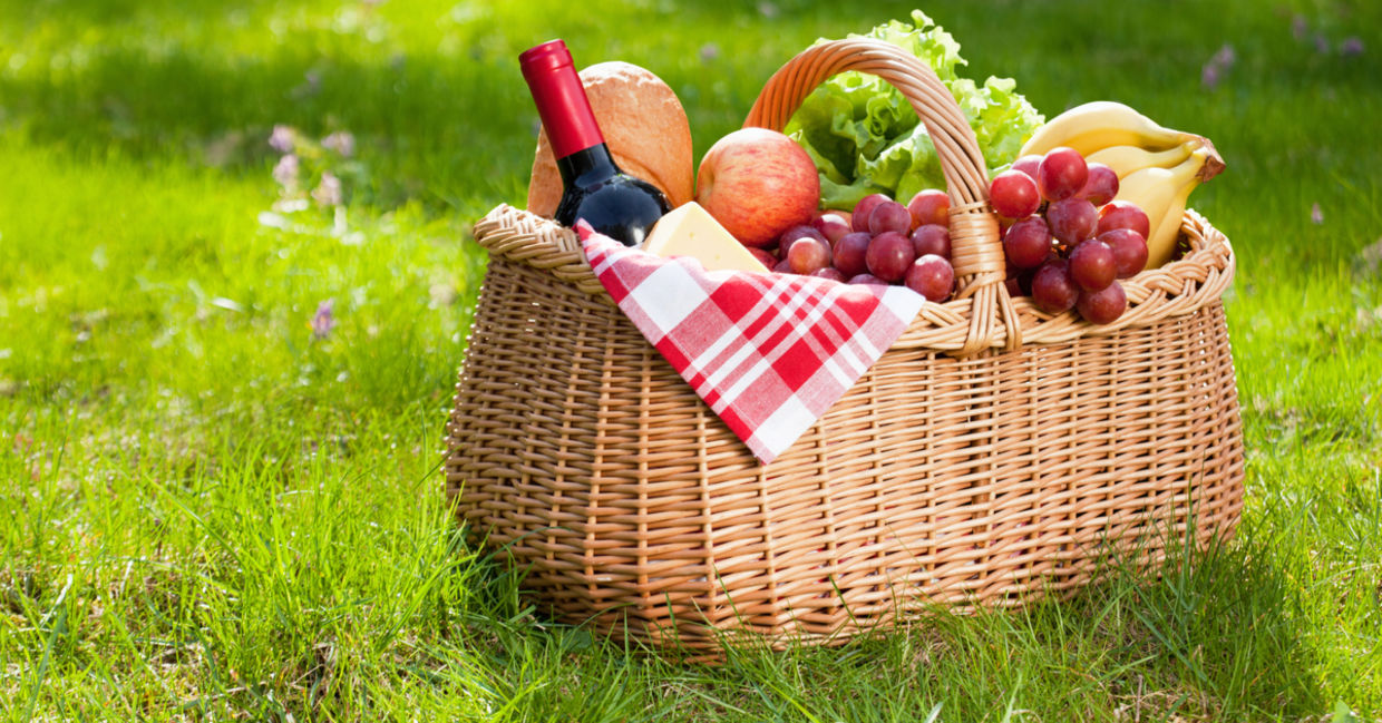 A picnic basket on grass