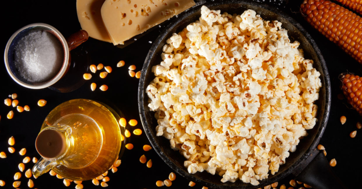 A bowl of homemade, seasoned popcorn.