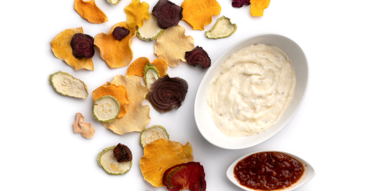 An assortment of crunchy, oven-baked veggie chips.