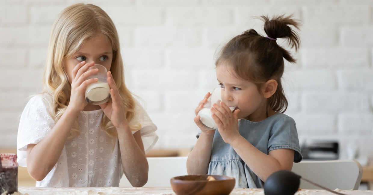 Smiling little sisters drinking milk