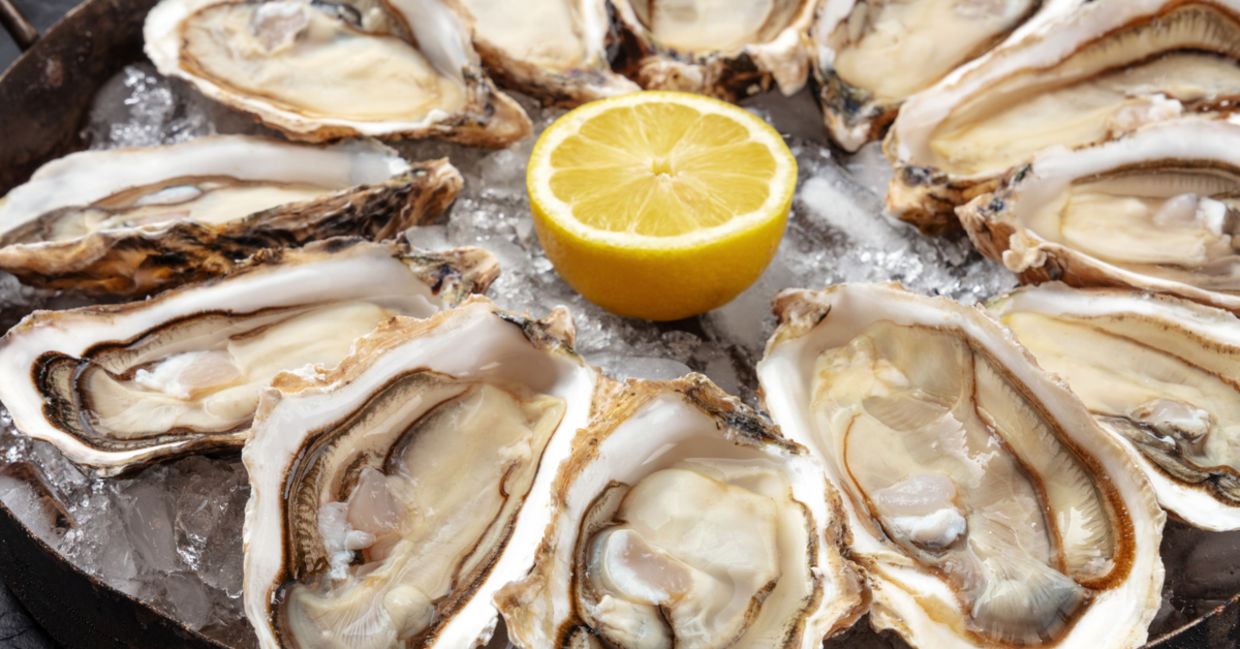 A dozen raw oysters served on a platter with a lemon wedge.