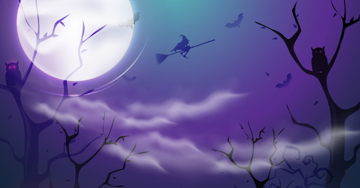 Image of a hooting owl and a witch on a broomstick under a full moon.