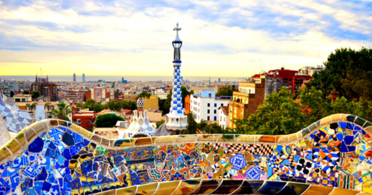 Park Guell designed by Antoni Gaudi in Barcelona in the morning sunrise