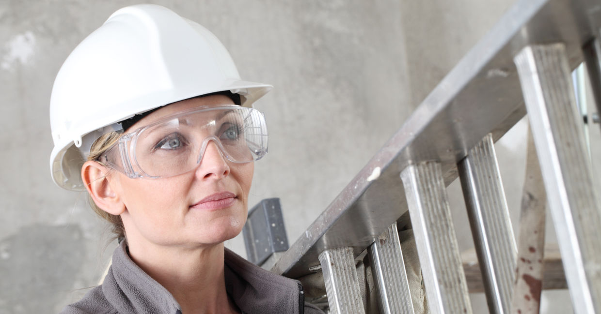 Woman wearing proper eye safety equipment to avoid injuries.