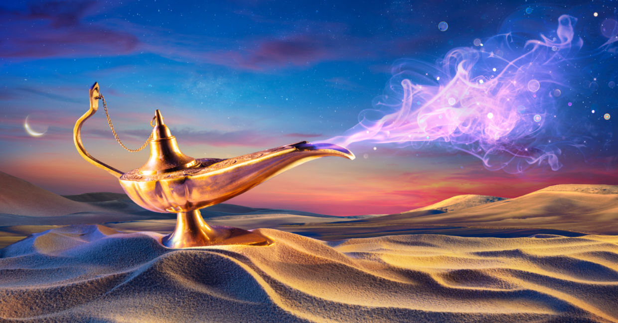 Magical genie lamp in a desert wafting an exotic oud fragrance.