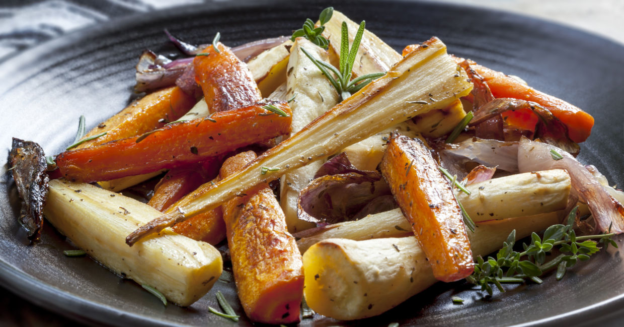 Roasted winter vegetables are full of gut healthy fiber.