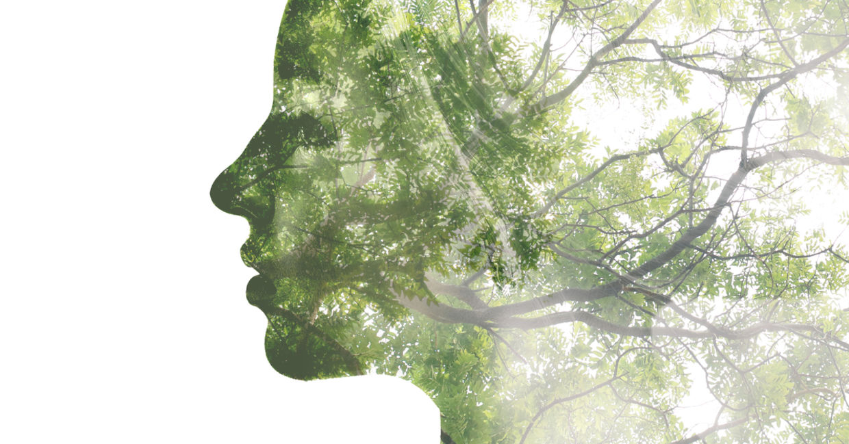 Double exposure portrait to illustrate trees boosting thought