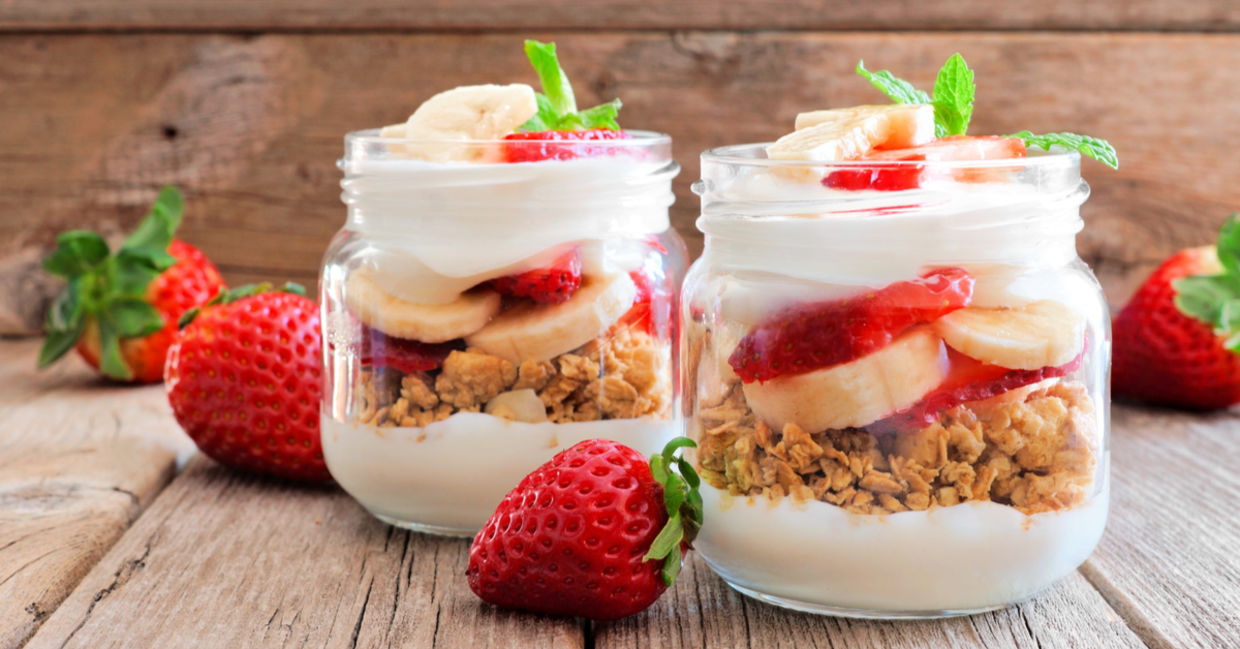 Healthy strawberry yogurt with granola.