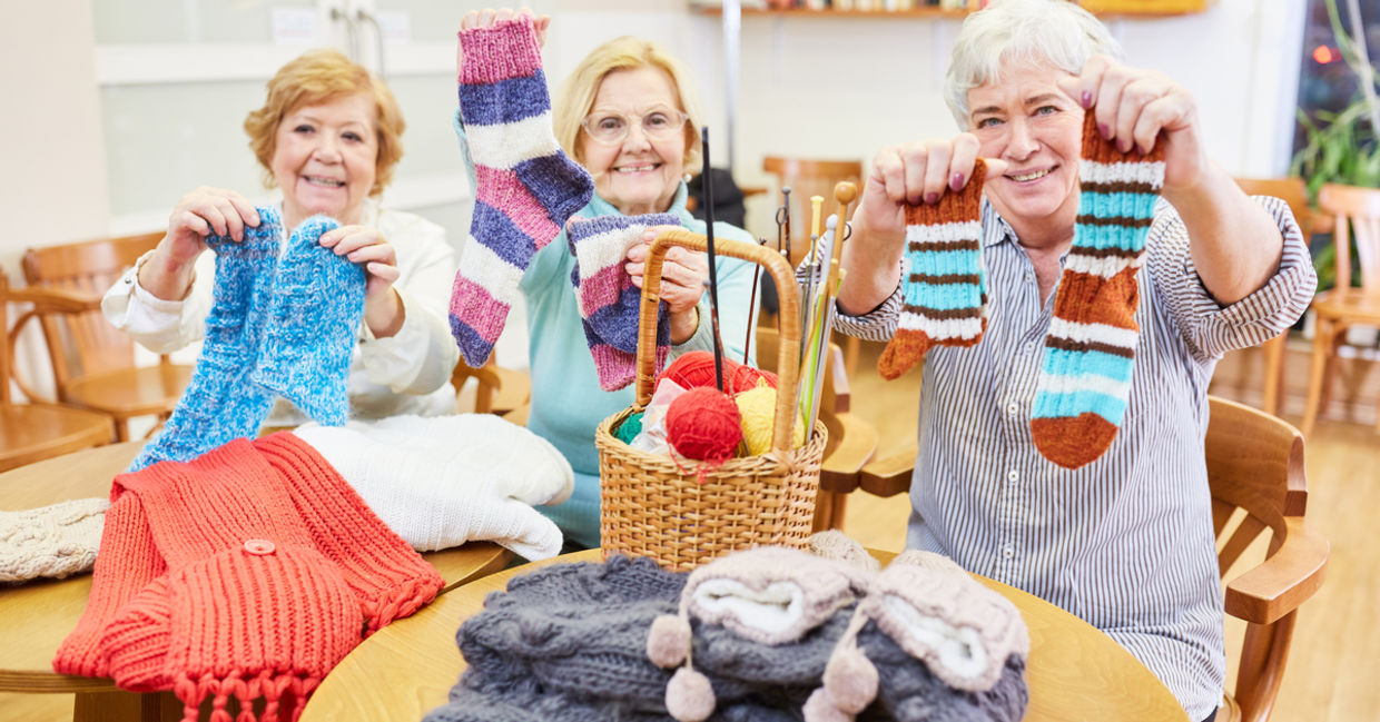Friends knitting together can boost your self-esteem.