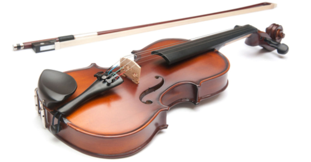 A violin and a bow on a white background.