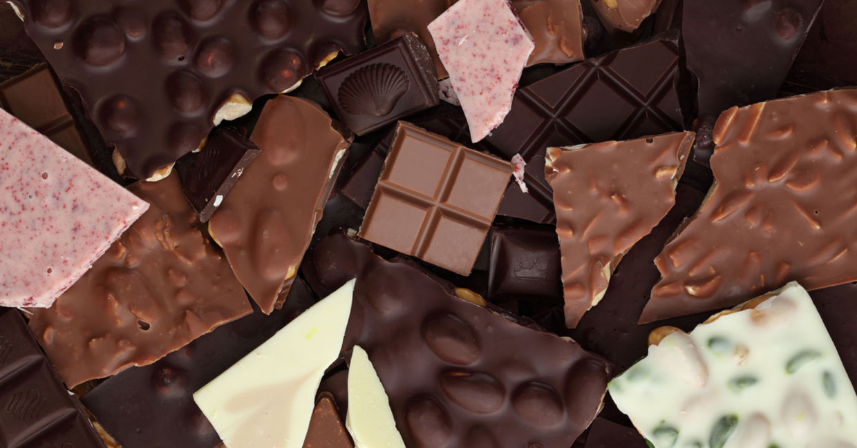 Chocolate bar pieces in various flavors.