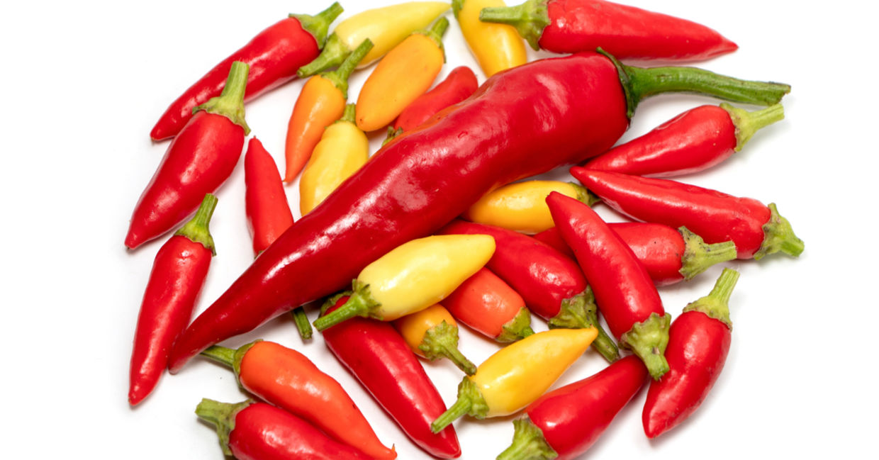 Various colored hot peppers.