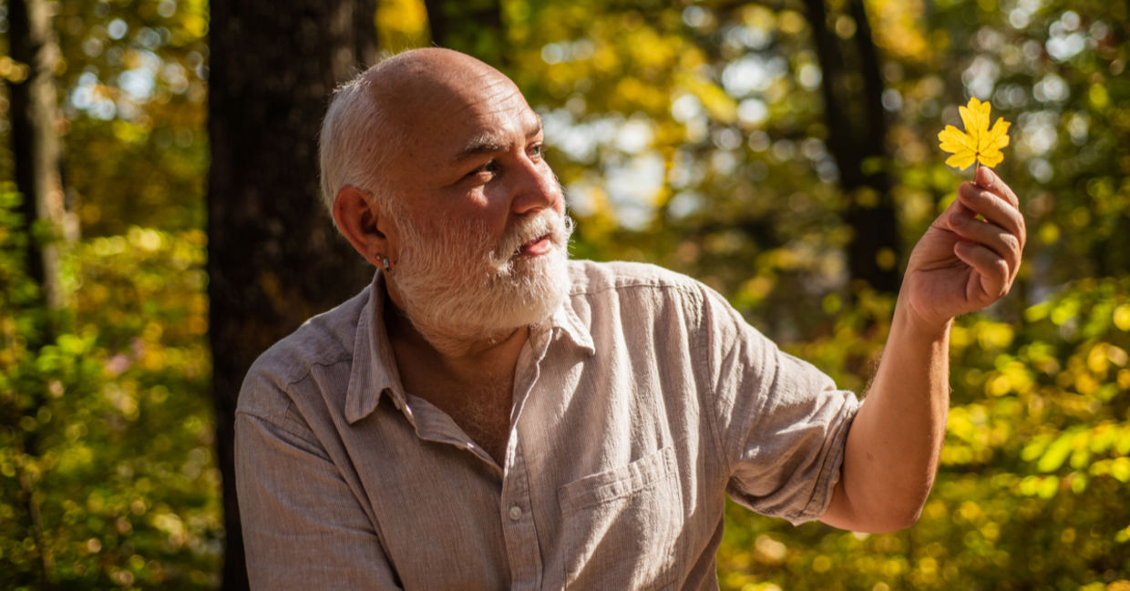 Cheerful senior walking in the forest on a sunny day and appreciating nature.