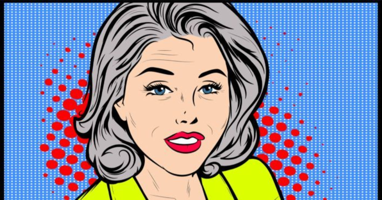 Retro comic image of a beautiful, gray haired woman.