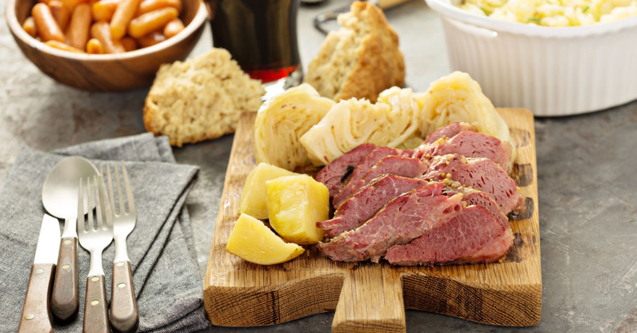 A traditional Irish dinner of corned beef and cabbage.