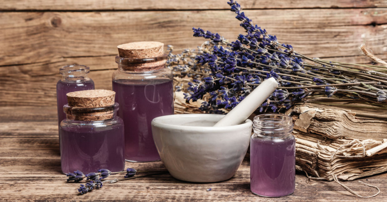 Bottles of essential lavender oil. which can help heal skin.