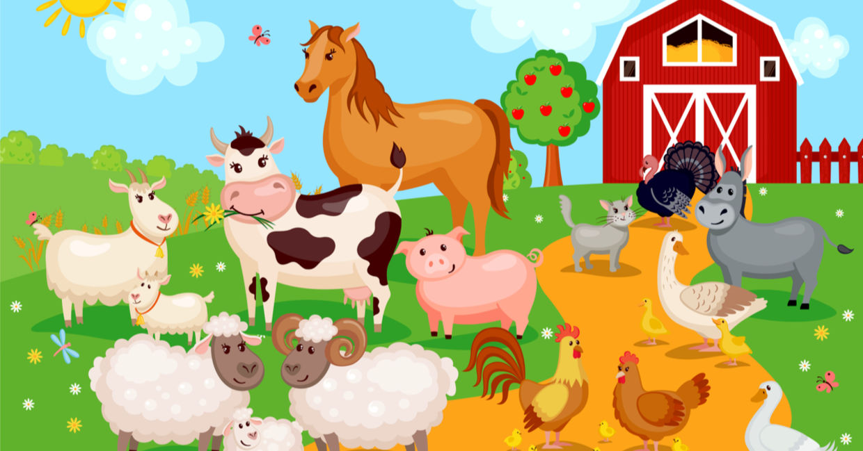 Cartoon of farm animals at ease on a farm.