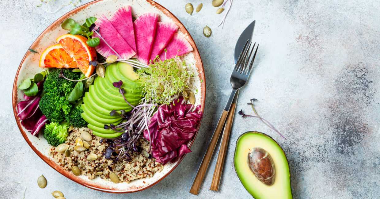 Healthy plant-based food like this vegan Buddha bowl helps improve mitochondria.