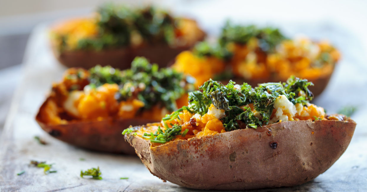 Stuffed sweet potatoes with feta and kale are full of fiber.