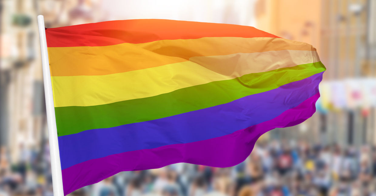 The rainbow flag at a Gay Pride parade..