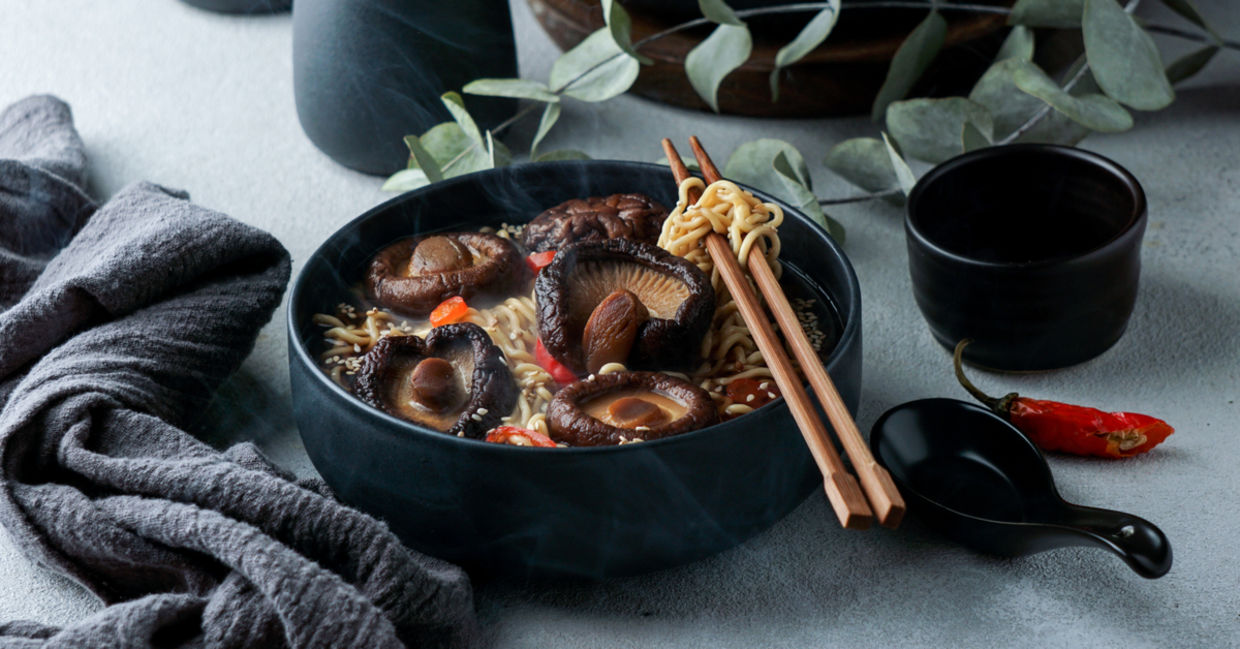 Asian noodle soup is full of umami, and mushrooms.