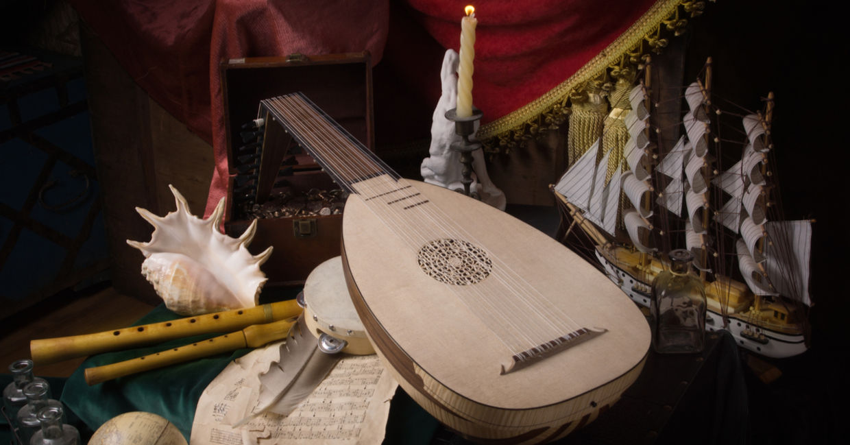 Musical still life in the Renaissance style with lute and flutes.