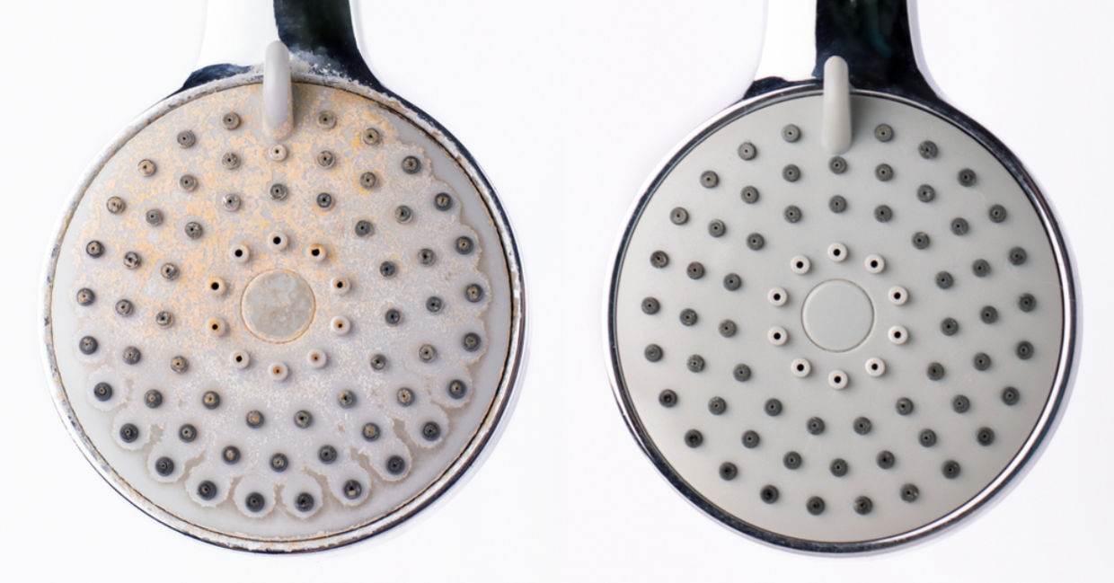Two showerheads, one with limescale and one cleaned with citric acid.