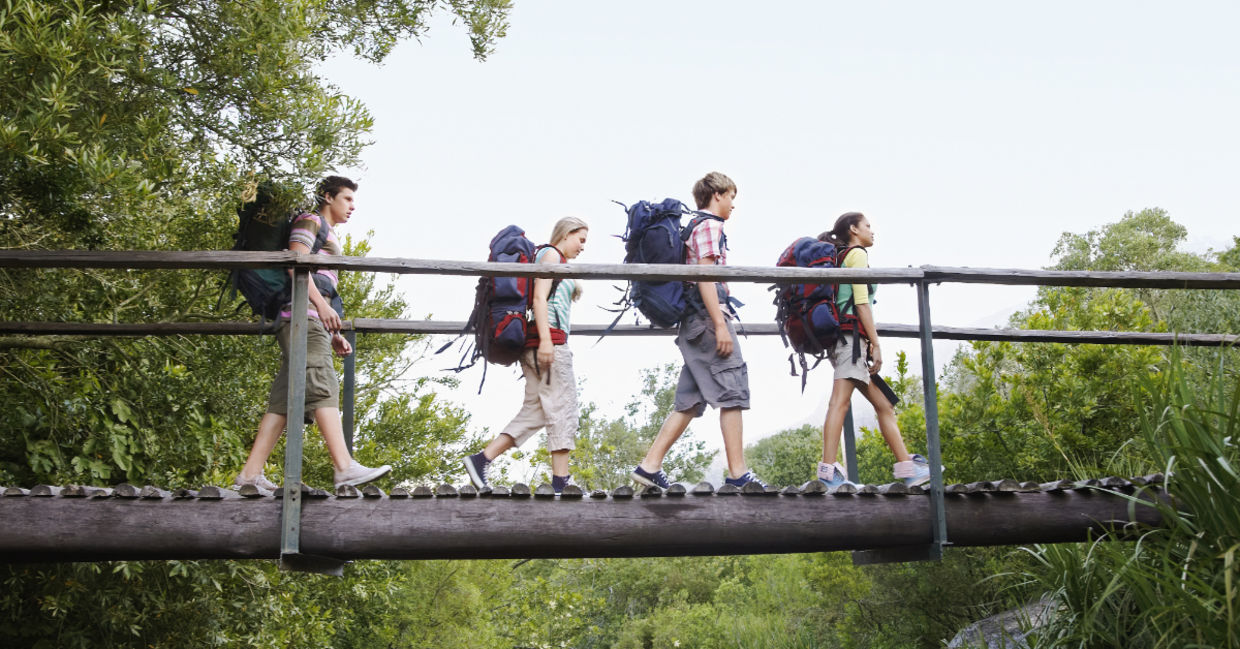 Teenagers walking on the bridge.