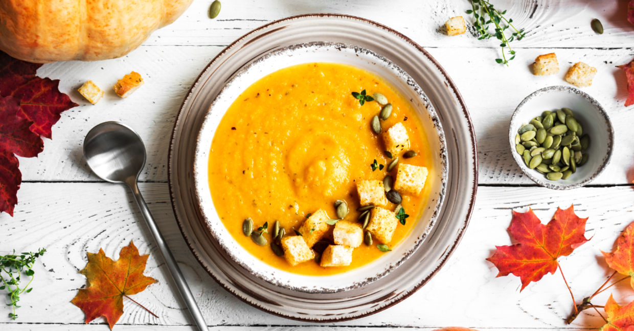 Warm up this fall with pumpkin soup.