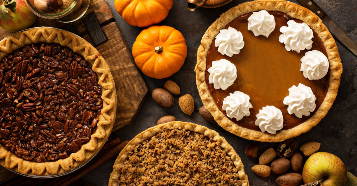 A selection of autumnal homemade pies, perfect for the Thanksgiving table.