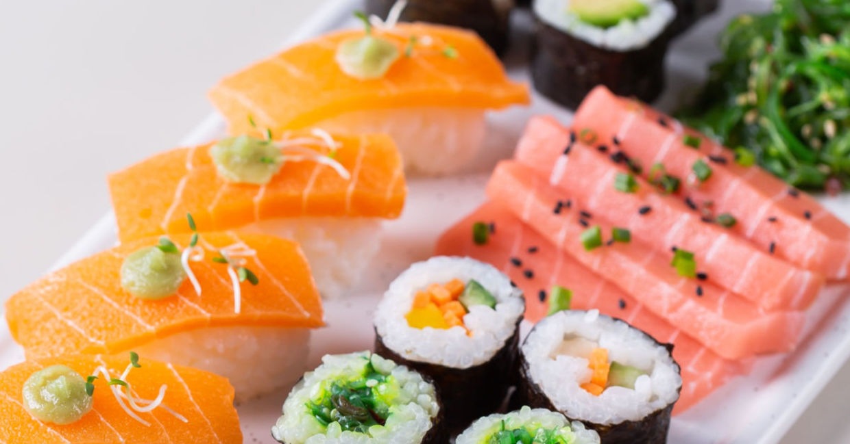 Plant-based seafood in a plate of vegan sushi rolls.