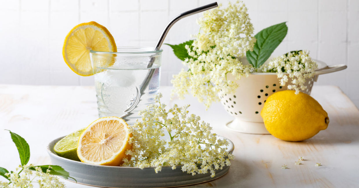 A healthy and refreshing glass of elderflower lemonade.