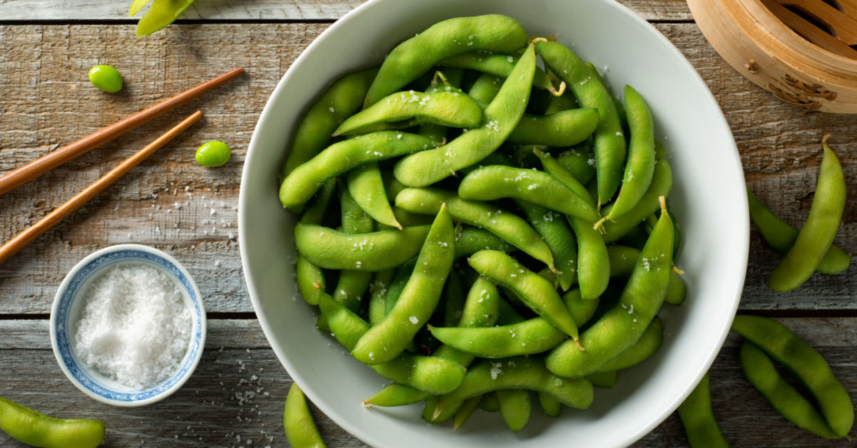 Steamed edamame is a healthy dish.