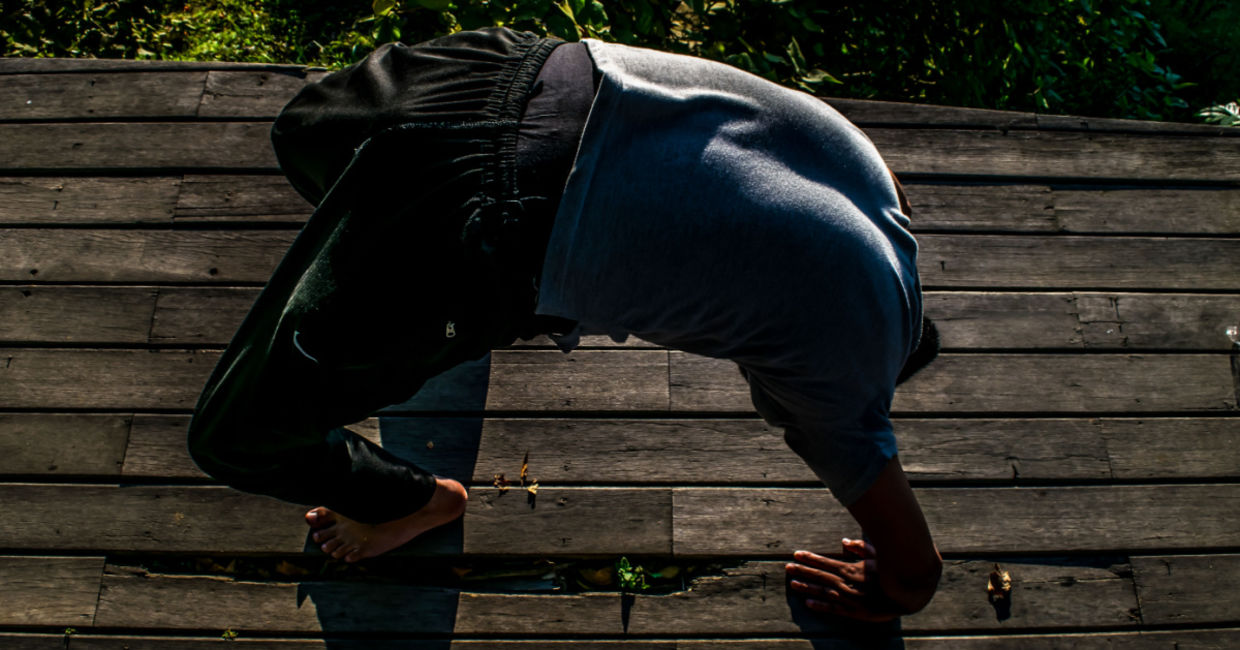 In the wheel yoga pose.